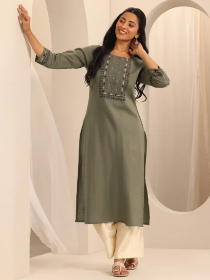Taupe Printed Cotton Blend Straight Kurta