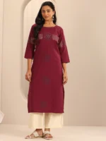 Red Printed Cotton Blend Straight Kurta