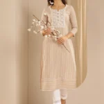 Beige Embroidered Cotton Blend Straight Kurta