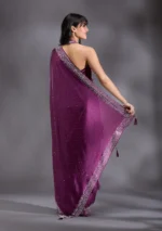 Purple Silver Stonework Satin Saree - Image 2