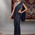 Silver and Blue Sequin Embellished Crop Top and Pre-Stitched Saree (Set of 2)