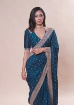 Navy Blue Zariwork Soft Silk Saree - Image 3