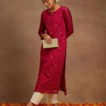 Hot Pink Embroidered Chanderi Silk Straight Kurta