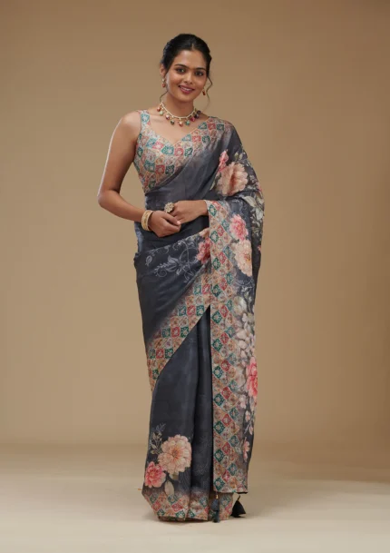 Grey Printed Tissue Saree