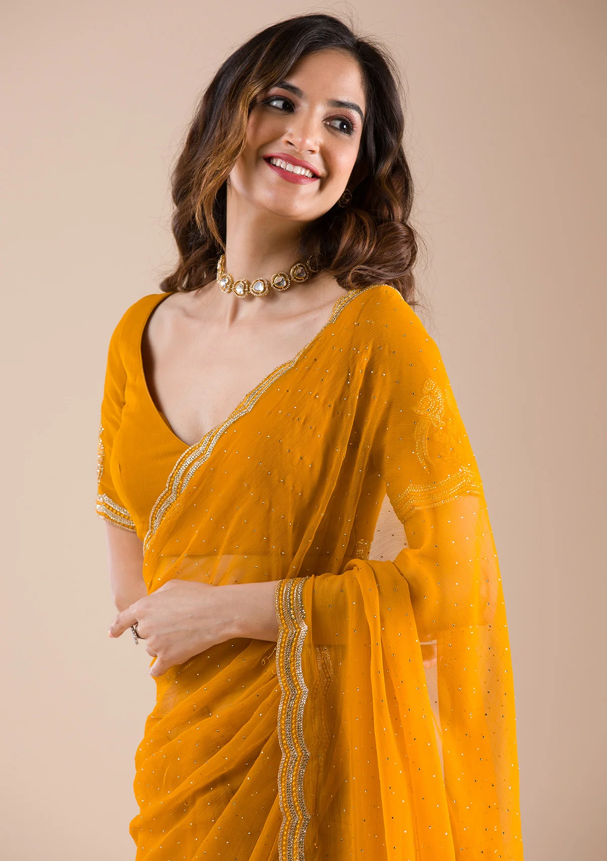koskii-mustard-stonework-chiffon-designer-saree-saus0038521_mustard_1_8.webp Mustard Stonework Chiffon Saree - Image 1