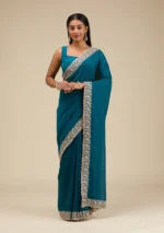 Peacock Blue Threadwork Soft Silk Saree