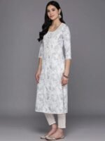 Off White Printed Cotton Straight Kurta - Image 2