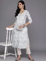 Off White Printed Cotton Straight Kurta - Image 3