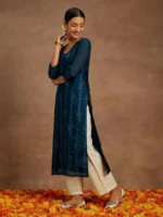Teal Embroidered Chanderi Silk Straight Kurta - Image 2