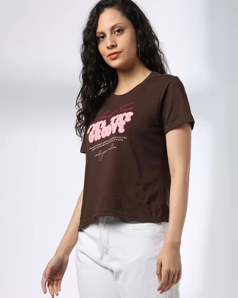 473Wx593H-443067222-brown-MODEL.webp Women Typographic Regular Fit Crew-Neck T-Shirt - Image 1