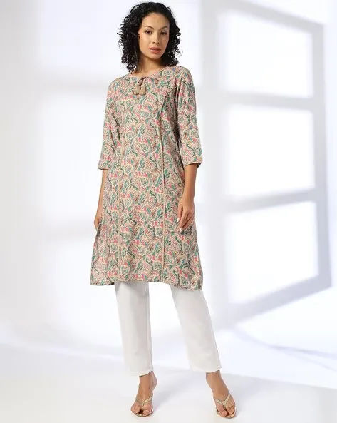473Wx593H-443074980-beige-MODEL.webp Women Paisley Print Straight Kurta With Neck Tie-Up - Image 1